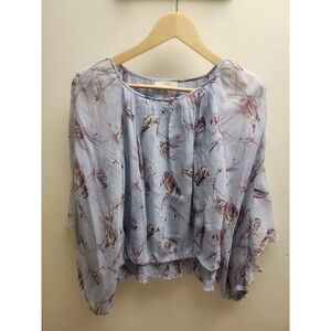 Joie Blue Floral Silk Blouse Top Butterfly Bird Print Sheer Ruffle Midi M